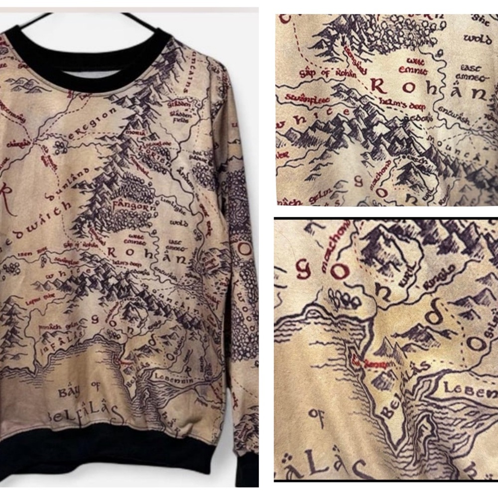 Lord of the Rings Middle Earth Map Sweatshirt Oversized Fantasy Collector Rare